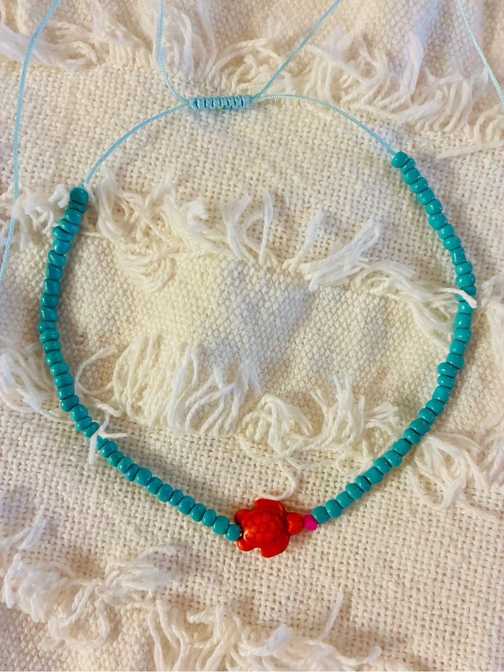 Boho Turquoise Beaded Necklace with Orange Howlite Stone Turtle Charm